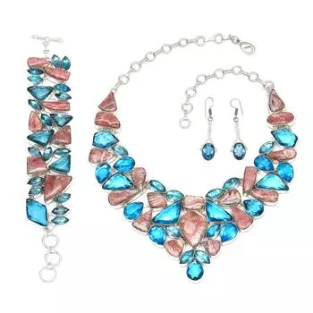 Ожерелье и комплект из швейцарского синего кварца с родохрозитом 18-20