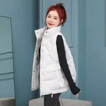 Rhombus down cotton vest women s 2024 autumn and winter new models are popular this year, foreign style stand-up collar jacket and vest M чёрный