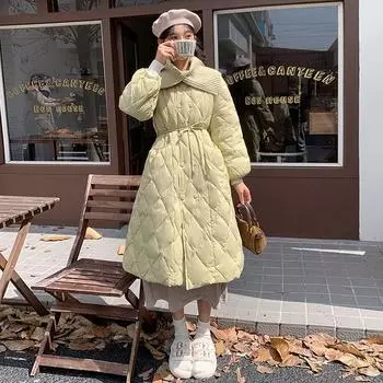 Rhombus knitted collar long down jacket women s 2024 winter fashion thickened thin belt waist and thin knee jacket tide S