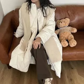 Rhombus long down jacket women s 2024 winter Korean thickened scarf shawl sweet and thin knee warm jacket One Size