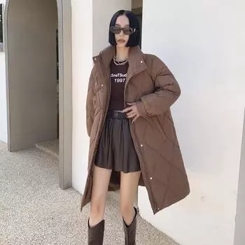 Rhombus long down jacket women s 2024 winter fashion design sense thickened knee stand-up collar white duck down pocket jacket S зелёный