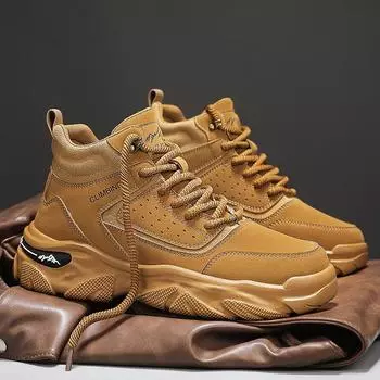 Rhubarb boots men s autumn and winter new fashion Martin boots leather surface breathable heightening men s shoes outdoor non-slip high-top tooling 39 бежевый