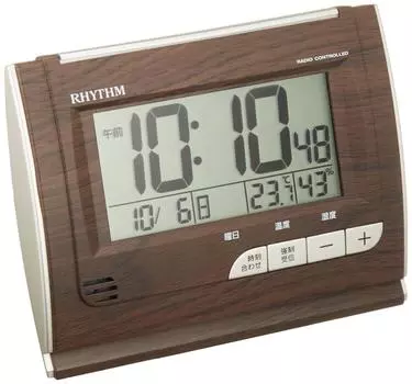 RHYTHM Alarm Clock Radio Clock Digital Calendar Brown Grain Fit Wave D165 8RZ165SR06 Temperature/Humidity (Wood Finish)