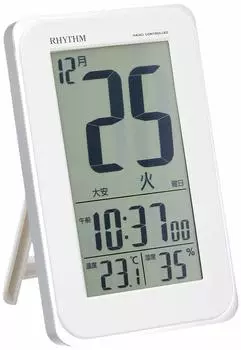 RHYTHM Alarm Clock Radio Clock Electronic Sound Alarm Temperature Humidity Daily Calendar Rokuyo with Light White 8RZ139SR03 12.8x8.2x2.3cm