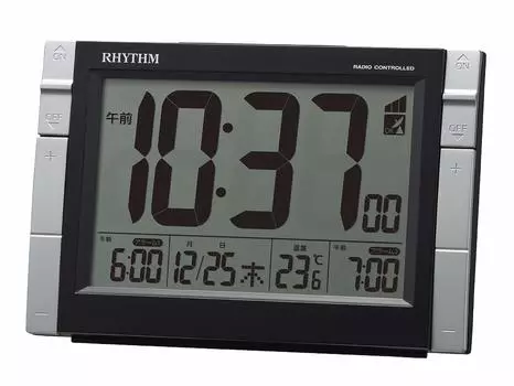 RHYTHM Alarm Clock Radio Clock Electronic Sound W Alarm Temperature Calendar with Light Black 8RZ223SR02 10.2x15.5x6.1cm