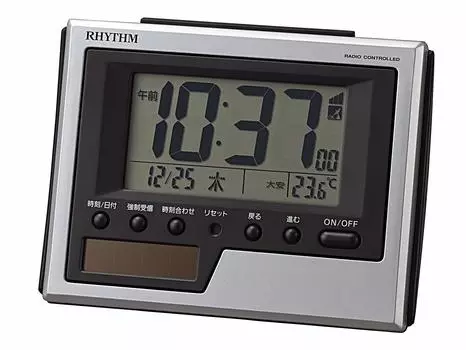 RHYTHM Alarm Clock Radio Clock Solar Auxiliary Power Temperature Calendar Silver 8RZ215SR19 8.3x10.8x4.5cm