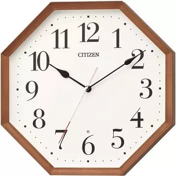 RHYTHM CITIZEN Wall Clock Analog Clock with Continuous Second Hand Small Type Octagonal Wood Brown CITIZEN Clock/Table Radio-Controlled