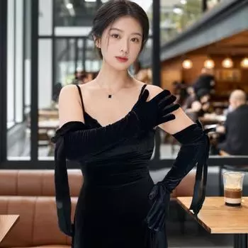 Ribbon Bridal Gloves Tie Bow Mittens Retro Velvet Long Gloves Show чёрный