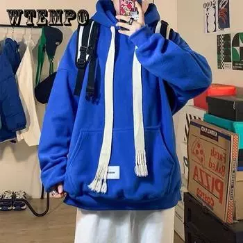 Ribbon Drawcord Sweater Men S Spring Autumn New Hooded Loose Top Trend Thickened Versatile Coat M синий