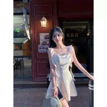 Ribbon Evening Dress Daily Style Satin Dress Champagne apricot L