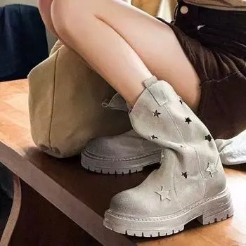 RIBETRINI Stars Slip-On Mid-Ice Boots Hollow Out Platform Shunked Mid Heels Toe Toe Women Shoes Sweet Leisure Boots For Woman 35