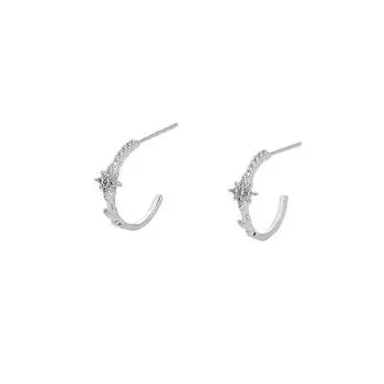 Rice Character Star Moon Earrings C Shape Luxury Temperament Shining Diamond Octagram Star Stud Earrings Women