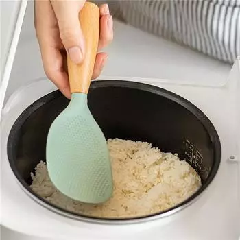 Rice Spoon with Wooden Handle Heat-resistant Rice Spoon Non-stick Silicone Rice Scoop with Wooden Handle Anti-scalding for Home серый