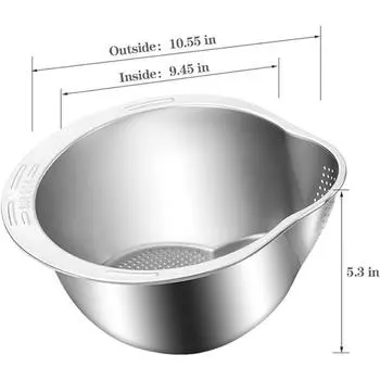 Rice Washer Strainer Bowl Stainless Steel Washing Bowl with Side Drainers Colander for Cleaning Fruits Vegetables and Beans серебряный
