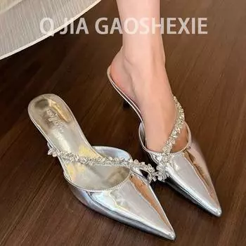 Rich daughter! White pointed rhinestone high heels women s 2025 summer stiletto half a pack of slippers sandals Muller shoes 35 чёрный