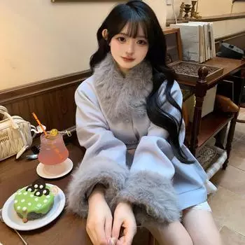 Rich family daughter blue woolen coat women s autumn and winter small person daughter gold style temperament woolen coat S синий