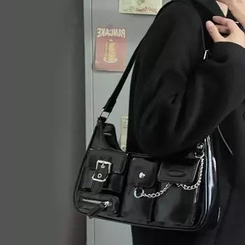 Richme Punk Fashion Trend Новый дизайн Цепи Crossbody Сумки через плечо Harajuku Y2k PU Индивидуальность Женские сумки 30x8x20cm чёрный
