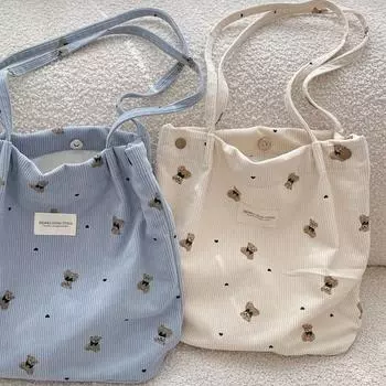 Right money, вельветовая сумка с рисунком медведя из мультфильма, вместительная, сумка через плечо, сумка для подмышки для студентов грязно-белый