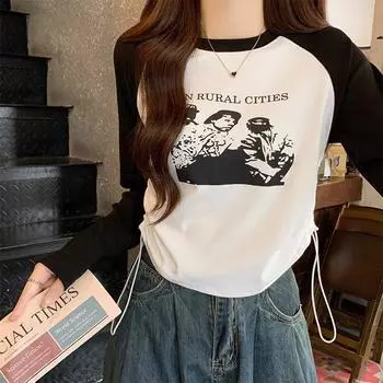 Right shoulder long-sleeved T-shirt for women spring, autumn and winter American print drawstring waist raglan sleeve bottoming shirt top S