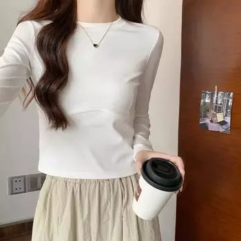 Right shoulder round neck long sleeve T-shirt autumn and winter solid color versatile bottoming layer S