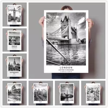 Рим, Мадрид, Лондон, туристический постер, Катманду, Непал, Прага, холст, картина, черно-белая настенная художественная картина, домашний декор для гостиной, без рамки 21*30cm