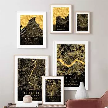 Рим, Милан, Италия, карта города, золотой, черный, настенное искусство, холст, живопись, постеры и принт, настенные панно для украшения гостиной, бара A4 21X30cm No Framed