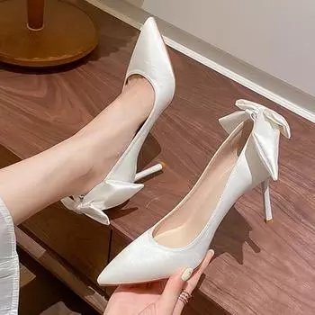 Rimocy, элегантные шелковые туфли-лодочки с бантом, женские туфли без шнуровки с острым носком на высоком каблуке 8 см, женские белые, красные свадебные туфли на тонком каблуке 34