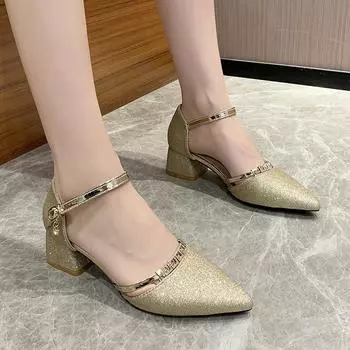 Rimocy/модные блестящие туфли-лодочки на квадратном каблуке, женская повседневная обувь с острым носком на среднем каблуке, женские туфли на высоком каблуке с ремешком на щиколотке цвета: золотистый, серебряный 36 золотой