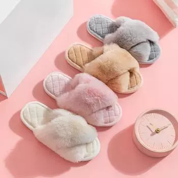 Rimocy/Новинка 2024 года, домашние тапочки из искусственного меха, женские зимние теплые нечеткие тапочки, женские хлопковые шлепанцы с перекрестным ремешком, мягкая подошва 36-37 розовый