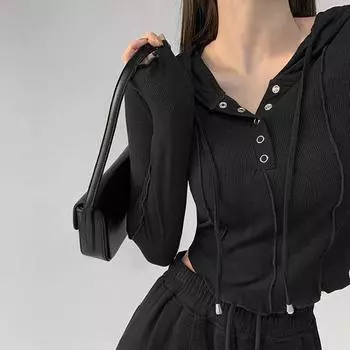 Rimocy, укороченный топ на пуговицах с капюшоном, женский осенне-зимний облегающий топ с длинными рукавами Y2K, женский уличный топ, дикая эластичная футболка, женская S чёрный