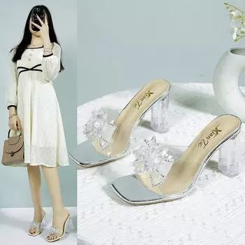 Rimocy высокие каблуки кристалл галстук-бабочка тапочки женские летние открытый носок прозрачный ПВХ сандалии женские прозрачные каблуки для вечеринок 34 белый