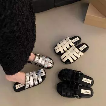 Римская обувь в стиле ретро, женские сабо из натуральной кожи, сандалии на плоской подошве с круглым носком, тапочки с пряжкой, женская модная повседневная обувь, лето 40 чёрный