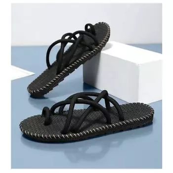 Римские мужские веревочные шлепанцы Мужские Новая летняя мода Ретро Легкие шлепанцы на плоской подошве Уличная повседневная обувь для улицы 39 чёрный