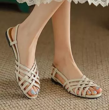 Римские плетеные сандалии женские летние на плоской мягкой подошве женские на низком каблуке с перфорацией бежевые сандалии обувь C039 34 бежевый