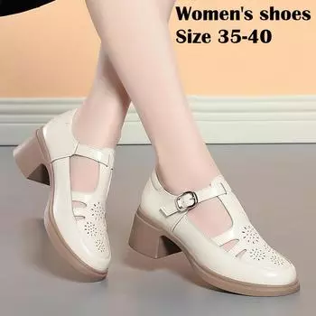 Римские сандалии для женщин летом толстые каблуки и закрытый носок удобные женские туфли полые дышащие туфли с пряжкой 35 чёрный