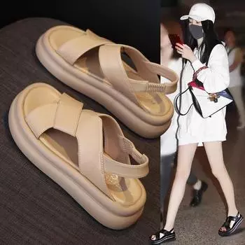 Женские римские сандалии, летняя повседневная обувь на толстой подошве, мягкая подошва, пляжная обувь для беременных 35 чёрный