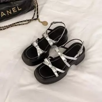 Римские сандалии на лето, женские туфли с одним ремешком, визуально увеличивающие рост, серебристые сандалии на толстой подошве с бантом 33 серебряный