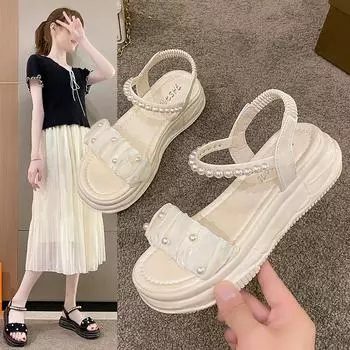 римские сандалии на толстой подошве женские летние новые фея ветер жемчужные с открытым носком на плоской подошве ins tide повседневная пляжная обувь 35