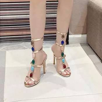 Римские сандалии с цветными драгоценными камнями, женские, с заклепками, Т-образным ремешком, пряжкой на щиколотке, на тонком высоком каблуке, для вечеринок, ночных клубов, женская обувь 35