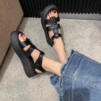 Римские сандалии женская летняя одежда 2025 новая мода платформа спортивные классные тапочки универсальные мягкие подошвы пляжные сандалии 35 чёрный