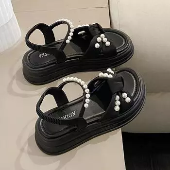 Римские сандалии женская модная верхняя одежда сказочная ветроукрепляющая пляжная обувь 2025 лето новый темперамент нескользящая мягкая подошва обувь 40 чёрный