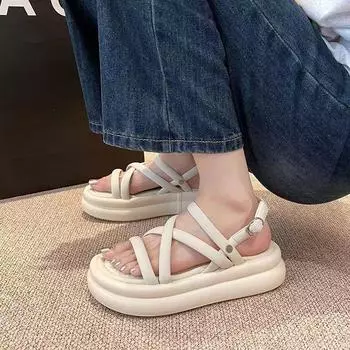 Римские сандалии женские лето 2024 новые универсальные модные ретро маленькие удобные повседневные пляжные туфли на платформе 35 чёрный