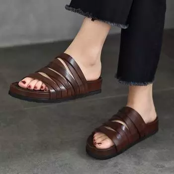 Римские тапочки Johnature в стиле ретро, женские универсальные выходные тапочки из натуральной кожи с плоской подошвой 36 чёрный