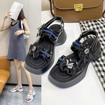 Римские толстые высокие сандалии с цветочным принтом женские 2024 новые модные повседневные простые сандалии в цвете летние 35 чёрный