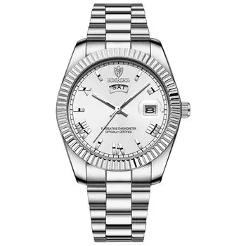 Римский алфавит Аналоговый дисплей Светящийся календарь День недели Водонепроницаемость 3ATM Нержавеющая сталь Кварцевые часы Для отдыха Бизнес Стильные Модные серебряный