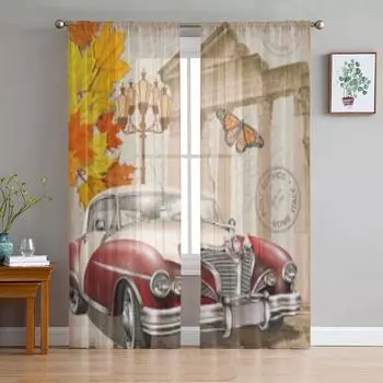 Римский винтажный постер с автомобилем, прозрачная занавеска для гостиной, спальни, вуаль, занавески для окон, занавески из органзы, вечерние тюлевые шторы 135W x 114H(cm)