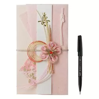 RingLeaf Gift Bag with Brush Pen Blooming Gift Bag Wedding Noshi Bag Mizuhiki Inner Bag Strip of Paper Brush Pen For yen Floral Pink Ready-to-use