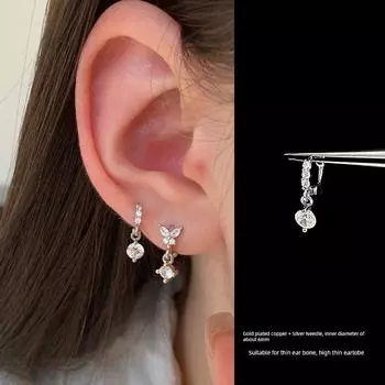 Ringring Store Double Ear Piercings Butterfly Studs Pendant Eardrop Earring Eardrops Eardrops High Ear Bone Stud Eardrops 6mm zircon silver 1 only