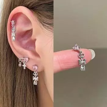 Ringring Store Pin Beautiful Cross Stud Earrings Female Medical Titanium Steel Ear Bone Stud Titanium Alloy Eardrops Earrings Pink heart knife and fork pendant 1