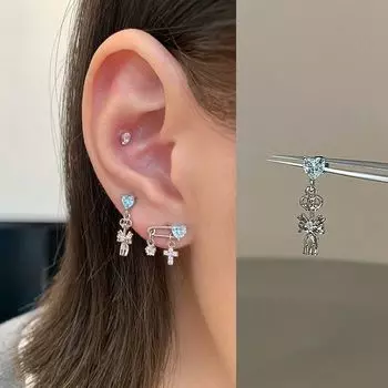 Ringring Store Titanium Steel Double Ear-Hole Ear Studs Female Niche Design Earring Pendant Ear Bone Stud Earrings Eardrops Blue heart knife and fork pendant 1